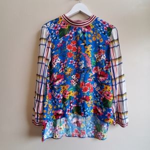 Zara floral top with band neck with stripe sleeve XS